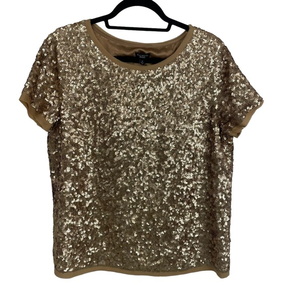 Talbots Silk Gold Sequin Metallic Short Sleeve Top 14 - Picture 1 of 7